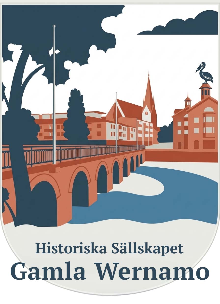 Loga Historiska Sällskapet Gamla Wernamo som visar Åbron, Kyrkan och Pelikanen