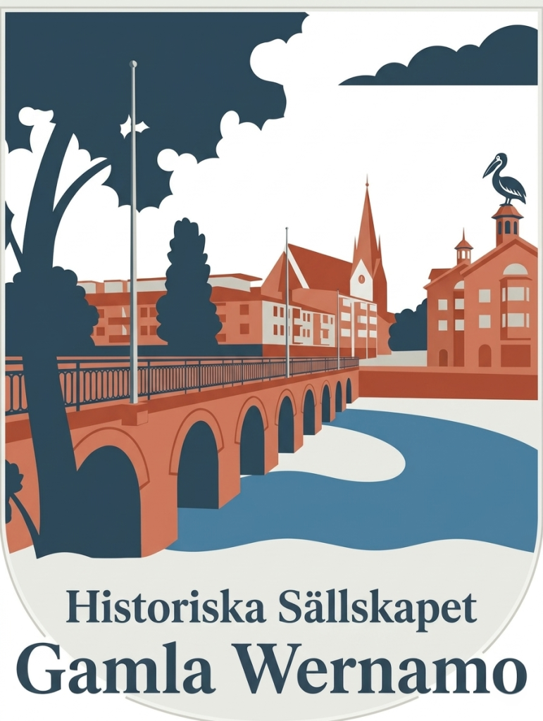 Loga Historiska Sällskapet Gamla Wernamo som visar Åbron, Kyrkan och Pelikanen